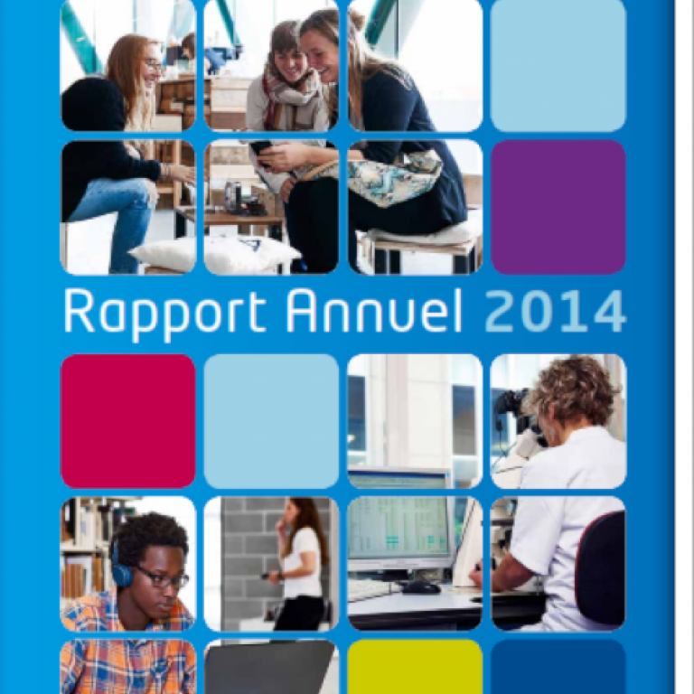 Couverture du rapport annuel 2014 avec des étudiants, des chercheurs, occupés à travailler. L'image est quadrillée et certains carrés contiennent uniquement de la couleur.